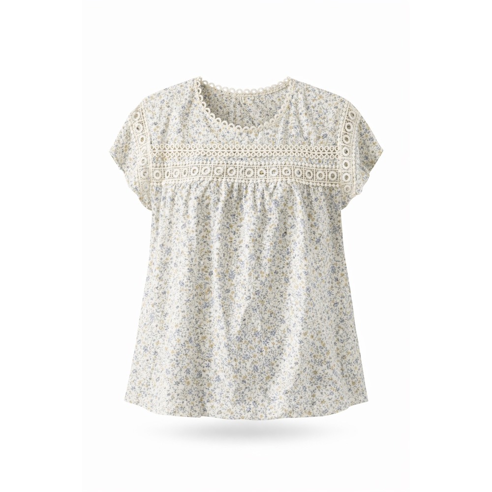Flower & Feather Blouse Women 1XL White Floral Lace Trim Boho Top Cottage Praire